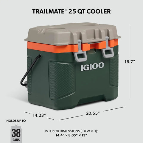 Heavy Duty 25 Quart Insulated Cooler Box With Thick Foam Walls For Serious Ice Retention Made In Usa, Igloo cooler in green and gray.