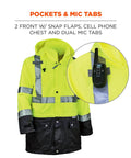 Hi Vis Reflective Rain Jacket Lime X Large ANSI Class 3 Waterproof With Black Bottom featuring mic tabs and snap flaps.