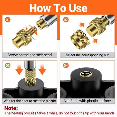 Instructions for using Heat Set Insert Tip Set With Soldering Iron 60W Includes Six Heat Set Tips And 130 Pcs Threaded Inserts