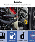 Dope 20ft Nylon Braided CPE Fuel Line Kit With Heavy Duty 6AN Fittings For High Flow Racing, Coolant Trans Oil Turbo Cooler And Car Upgrade Jobs installed in engine bay, shown with diesel gasoline hydraulic oil icons