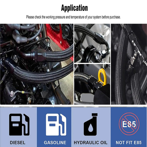 Dope 20ft Nylon Braided CPE Fuel Line Kit With Heavy Duty 6AN Fittings For High Flow Racing, Coolant Trans Oil Turbo Cooler And Car Upgrade Jobs installed in engine bay, shown with diesel gasoline hydraulic oil icons