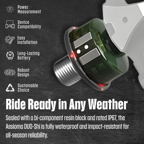 Close-up of Assioma Duo-Shi IP67 Dual-Sided Power Meter Pedals With ANT Plus Connectivity showing waterproof design and resin block