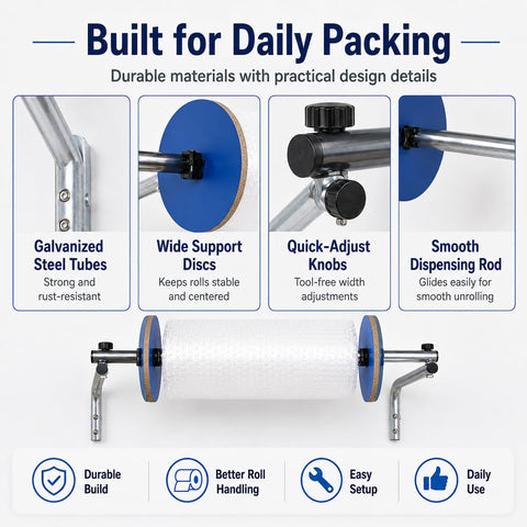 Heavy Duty Wall Mount Bubble Wrap Dispenser Built Tough Industrial Steel Roll Holder with wide support discs and adjustable knobs.