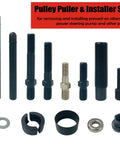 Power Steering Pulley Puller And Installer Kit For GM Ford Chrysler Engines assortment of tools and adapters on white background