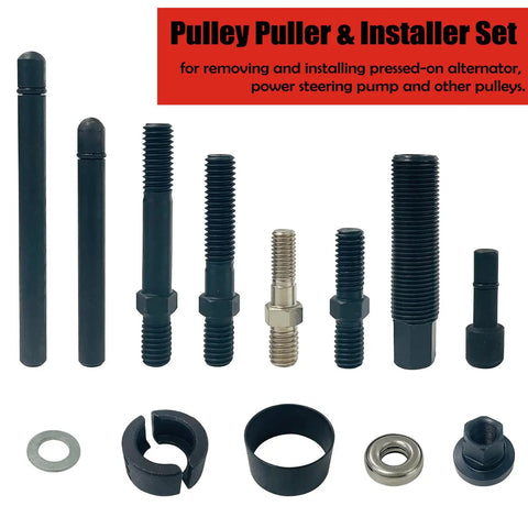 Power Steering Pulley Puller And Installer Kit For GM Ford Chrysler Engines assortment of tools and adapters on white background