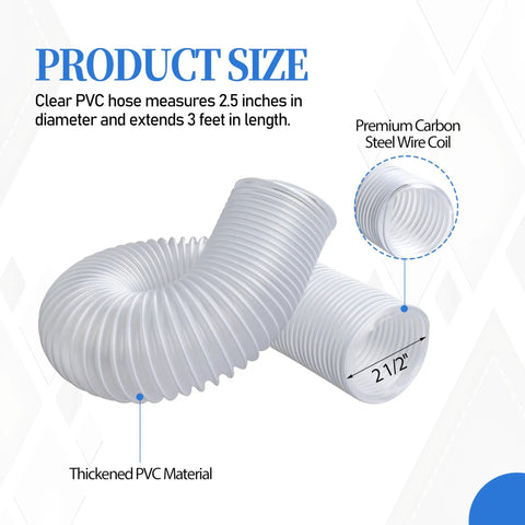 Two And A Half Inch By Three Foot Ultra Flex Puncture Resistant PVC Dust Collection Hose With Stainless Steel Clamps For Woodworking Shops Tough As Nails Ducting That Keeps Sawdust In Check with size details