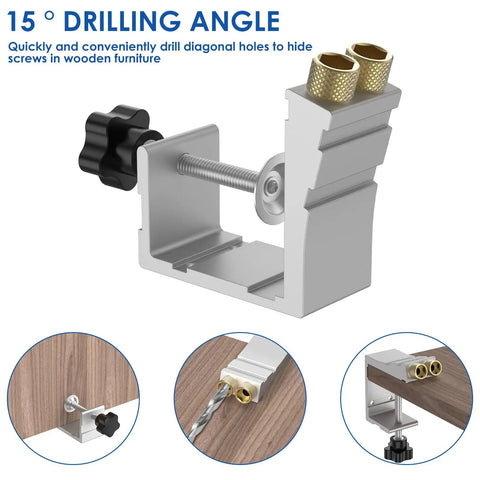 Pocket Hole Jig Kit For DIY Carpentry Pro Grade 15 Degree Angle Guide showing high precision adjustable woodworking drill locator