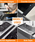 Silicone Stove Gap Covers Two Pack 21 Inch Gap Filler With Non Slip Mirror Base shown in various kitchen applications.