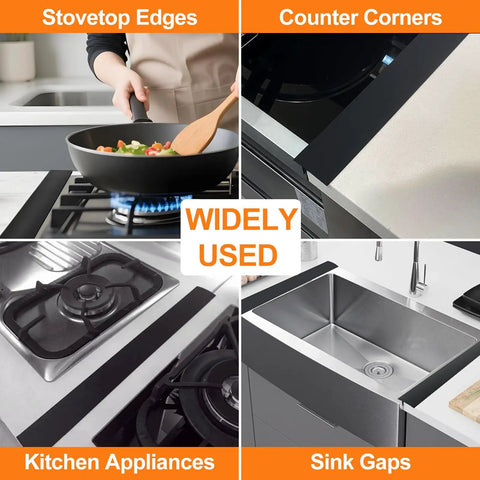 Silicone Stove Gap Covers Two Pack 21 Inch Gap Filler With Non Slip Mirror Base shown in various kitchen applications.