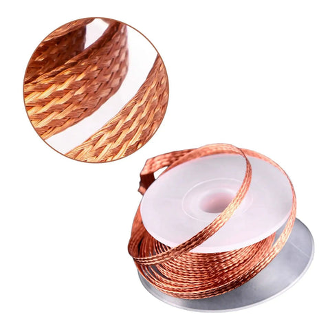 Close-up of Desoldering Braid Wire, 3.5mm wide, 59-inch copper solder braid roll for electronics and DIY soldering projects.