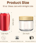 Product size comparison: 10oz glass meal prep jar with bamboo lid next to 4.5-inch tall soda can