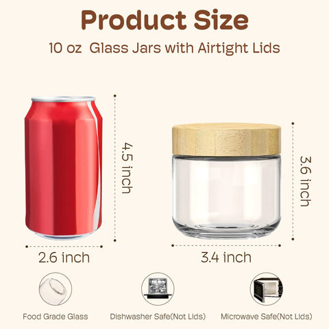Product size comparison: 10oz glass meal prep jar with bamboo lid next to 4.5-inch tall soda can