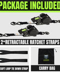 Package showing Beefy Heavy Duty 1 Inch By 12 Foot Auto Retracting Ratchet Straps Self Retracting Tie Downs 1760 Pound Break Strength
