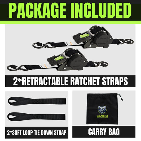 Package showing Beefy Heavy Duty 1 Inch By 12 Foot Auto Retracting Ratchet Straps Self Retracting Tie Downs 1760 Pound Break Strength