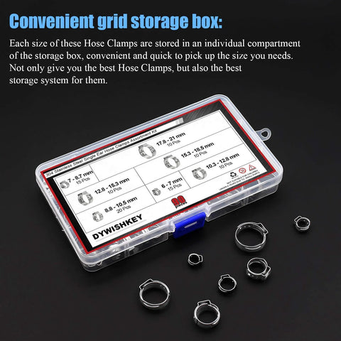 Front view of DYWISHKEY hose clamp kit in clear storage case, 90 pcs, stainless steel, 6–21 mm