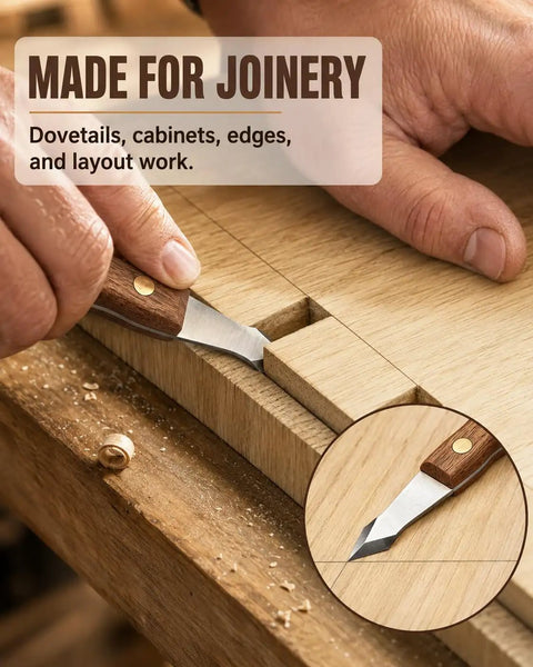 Straight Shooter High Carbon Steel Wood Marking Knife for Dead On Precision scoring dovetail guides in wood joinery.