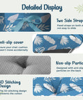 Detailed display of outdoor chaise lounge chair cushion with blue leaf pattern, ties, non-slip particles, and 3D stitching design.