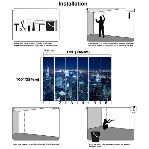 Installation guide for 3D Removable Wallpaper Peel And Stick NYC Skyline Night View Wall Mural, 144x100 inches, self-adhesive.