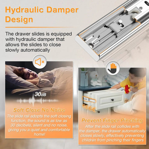 Hydraulic damper design of Built Tough Stainless Steel Soft Close Drawer Slides Full Extension Heavy Duty Cabinet Hardware for smooth operation.