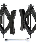 Two Pack Tandem Wheel Chock Stabilizers With Scissor Locking Design Expand From Three Point Five Inches To Twelve Inches To Prevent Wheel Shifts For Campers Trucks Travel Trailers Fifth Wheels And RVs on white background with wrench tool