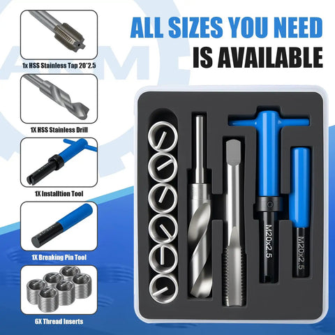 15 Piece M20x2.5 Metric Thread Repair Kit With Stainless Steel Wire Coil Inserts in foam tray with tools and inserts