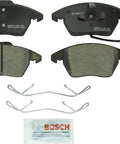 QuietCast Premium Ceramic Disc Brake Pad Set Front For Select Audi A3 And TT And Volkswagen Beetle CC Eos Golf GTI Jetta Passat Rabbit Plus More With Quiet Stops And Strong Durability, showing four brake pads and installation hardware