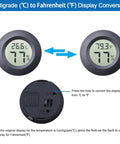 Two Pack Mini Hygrometer Thermometer Round Indoor Outdoor Humidity Meter With Digital Readout And Fahrenheit Celsius Switch showing °C to °F display conversion