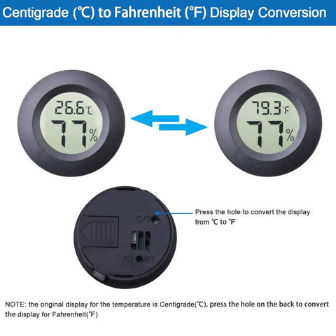 Two Pack Mini Hygrometer Thermometer Round Indoor Outdoor Humidity Meter With Digital Readout And Fahrenheit Celsius Switch showing °C to °F display conversion