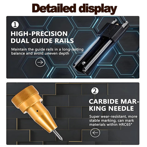 High-precision dual guide rails and carbide marking needle for Portable Air Powered Engraver with Rock Solid Pneumatic Dot Peen Head.