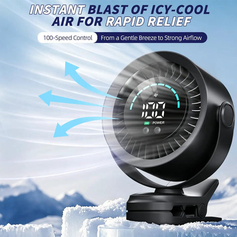 Portable Clip On Fan With Rechargeable USB Power Turbo Airflow 100 Stepless Speeds LED Display shown on ice with airflow