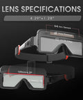 Lens specifications of Solar Powered Auto Darkening Welding Goggles with True Color Filter, 2 Sensors, and wide view 4.29" x 1.28"