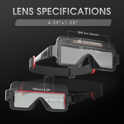 Lens specifications of Solar Powered Auto Darkening Welding Goggles with True Color Filter, 2 Sensors, and wide view 4.29" x 1.28"