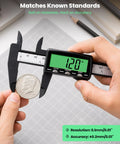 Rechargeable Digital Caliper With USB Charging, 6 Inch Plastic Calipers, Green Screen Display, Go Cordless Fast, No Battery Hassle, Quick 2 Minute Charge Powers A Full 20 Minute Measurement For Months showing a coin measurement