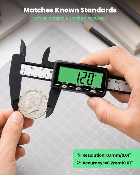 Rechargeable Digital Caliper With USB Charging, 6 Inch Plastic Calipers, Green Screen Display, Go Cordless Fast, No Battery Hassle, Quick 2 Minute Charge Powers A Full 20 Minute Measurement For Months showing a coin measurement