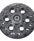 Bulletproof Black Dry Clutch Pressure Plate With Teeth Built Tough For Six Speed Ducati Engines Fits Monster MH900E Multistrada St Series Superbike Street Ready Replacement 19420011B 19420151A, top view showing detail and aluminum finish.