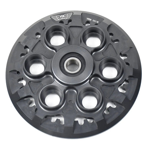 Bulletproof Black Dry Clutch Pressure Plate With Teeth Built Tough For Six Speed Ducati Engines Fits Monster MH900E Multistrada St Series Superbike Street Ready Replacement 19420011B 19420151A, top view showing detail and aluminum finish.