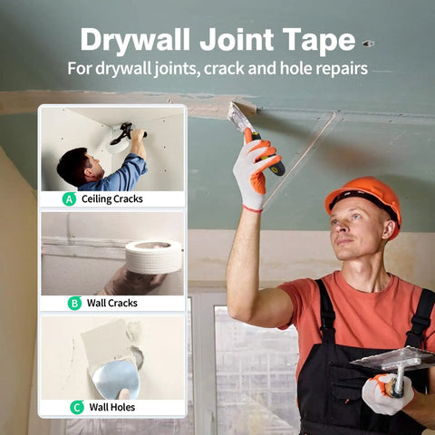 Worker using drywall knife with Fiberglass Mesh Drywall Tape For Quick Crack Repair Self Adhesive 1.97 Inch By 150 Foot.