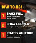 Instructions for using Heavy Duty White Lithium Grease Spray For Metal Parts with steps: shake, spray, reapply.