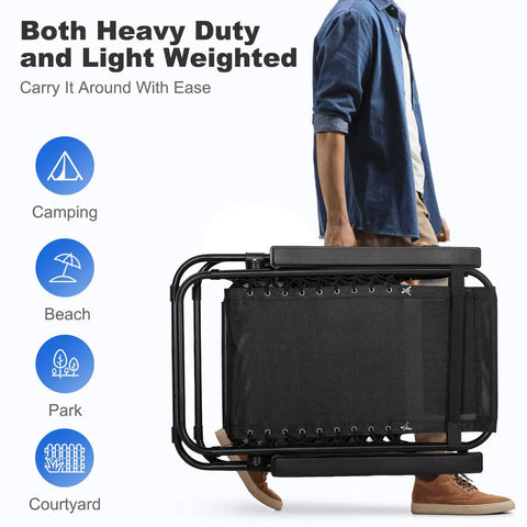 Person carrying folded Set Of Two Adjustable Zero Gravity Relaxing Patio Chairs With Steel Mesh Frame Lockable Reclining System