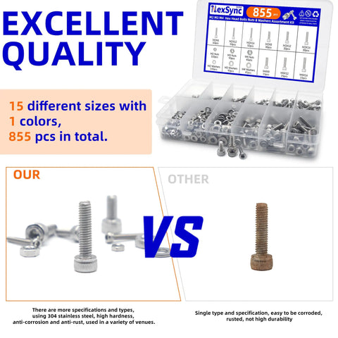 855 Piece Stainless Steel Machine Screws Nuts And Bolts Assortment Kit With Case For DIY Projects M2 M3 M4 Socket Head Cap Screws Washers And Nuts 304 Stainless Steel Rust Resistant Hardware Built For Quick Easy Builds, shown with open case and contents displayed.