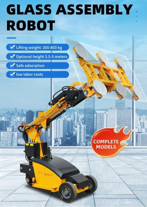 Beast Mode Mobile Glass Vacuum Lifter For No Sweat Panel Handling And Job Site Ready Construction Setup With Rock Solid Suction Grip and Pro Grade Build in bright yellow, lifting glass panels with four suction cups.
