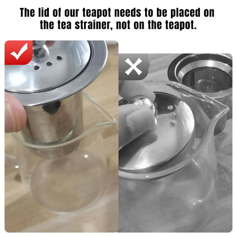 Comparison of correct and incorrect lid placement on Stovetop Safe Glass Teapot 550ml With Removable Stainless Steel Infuser, Borosilicate Glass Tea Kettle For Loose Leaf And Blooming Tea, Ideal For Camping And Travel, Easy Pour And Clear Brewing.