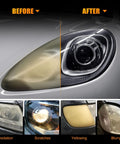 Before and after car headlight using Headlight Restoration Kit With 3 Easy Steps To Fix Sun Damaged Lights, No Fuss DIY Polish.