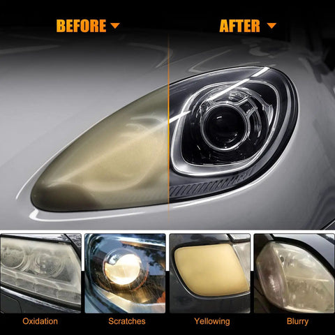 Before and after car headlight using Headlight Restoration Kit With 3 Easy Steps To Fix Sun Damaged Lights, No Fuss DIY Polish.