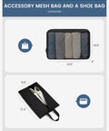 Accessory mesh bag with rolled clothes and shoe bag for Lightweight Softside Carry On Luggage With 22x9x14 Inches Cabin Size, Spinner Wheels, TSA Lock, Airline Approved Travel Case For Men Women Business Trip, High Capacity Luggage For Weekend Getaways And Jet Setters.