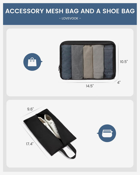 Accessory mesh bag with rolled clothes and shoe bag for Lightweight Softside Carry On Luggage With 22x9x14 Inches Cabin Size, Spinner Wheels, TSA Lock, Airline Approved Travel Case For Men Women Business Trip, High Capacity Luggage For Weekend Getaways And Jet Setters.