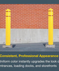 Heavy Duty Bollard Covers For 8 Inch Poles 57 Inches Tall High Density Polyethylene Safety Sleeve on yellow posts by a brick wall.