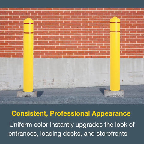 Heavy Duty Bollard Covers For Four Inch Outdoor Poles Fifty Six Inch Tall Post Sleeves Weather Tight Hdpe Security Guards, yellow finish on poles.