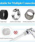 4 Piece PEX Fittings Kit With Half Inch Swivel Adapters For Drinking Water, Lead Free DZR Brass, Copper Crimp Rings And Stainless Clamps For RV, Under Sink And Home Plumbing Repairs. Copper ring, stainless clamp, press sleeve, not for expansion systems.