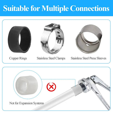 4 Piece PEX Fittings Kit With Half Inch Swivel Adapters For Drinking Water, Lead Free DZR Brass, Copper Crimp Rings And Stainless Clamps For RV, Under Sink And Home Plumbing Repairs. Copper ring, stainless clamp, press sleeve, not for expansion systems.